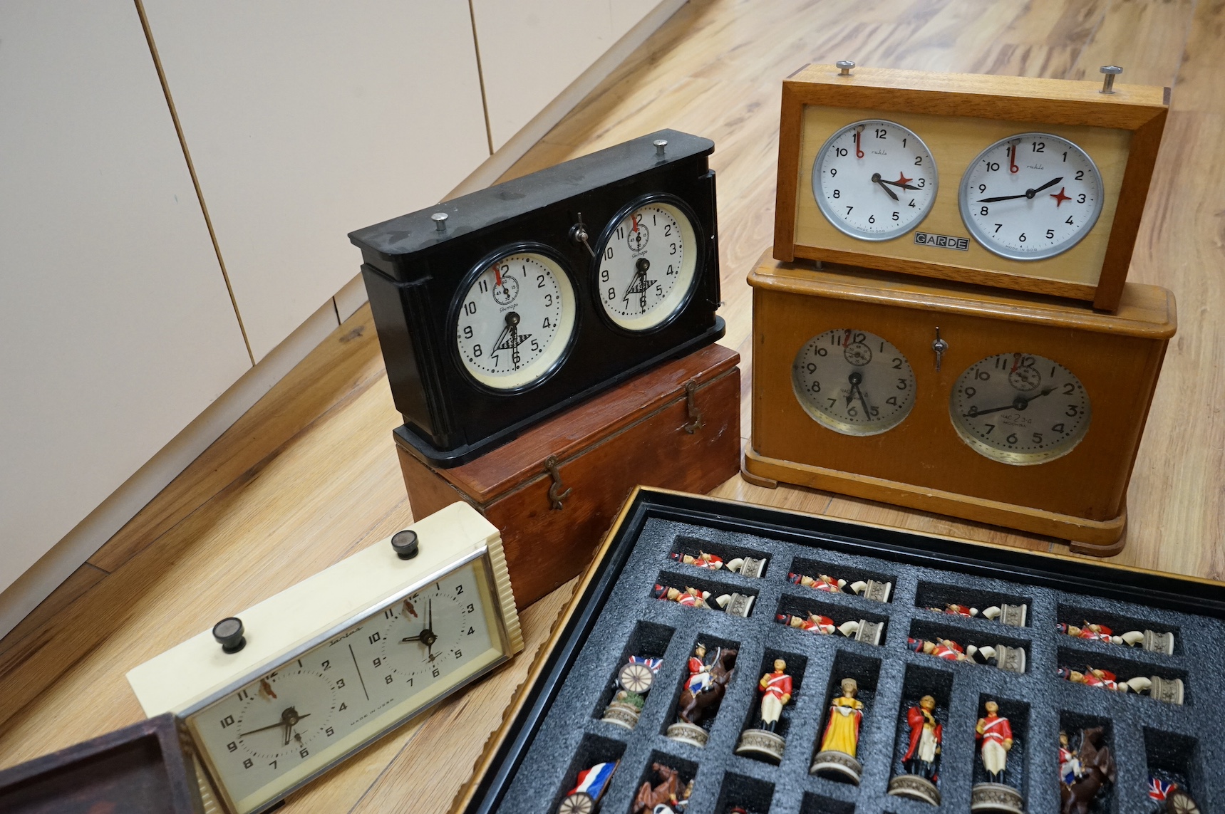 A collection of various chess boards, chess timers and pieces, etc. Condition - varies